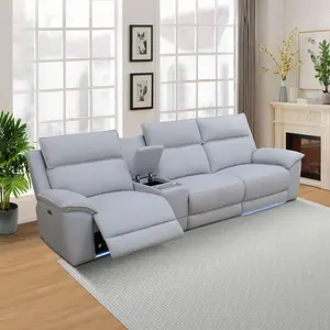 Power Reclining Sofa with Storage Console, Lambswool Recliner Couch for Living Room, 122" Wide Recliner Sofa with USB Ports/Light Strips for Living Room Office Home,Grey White