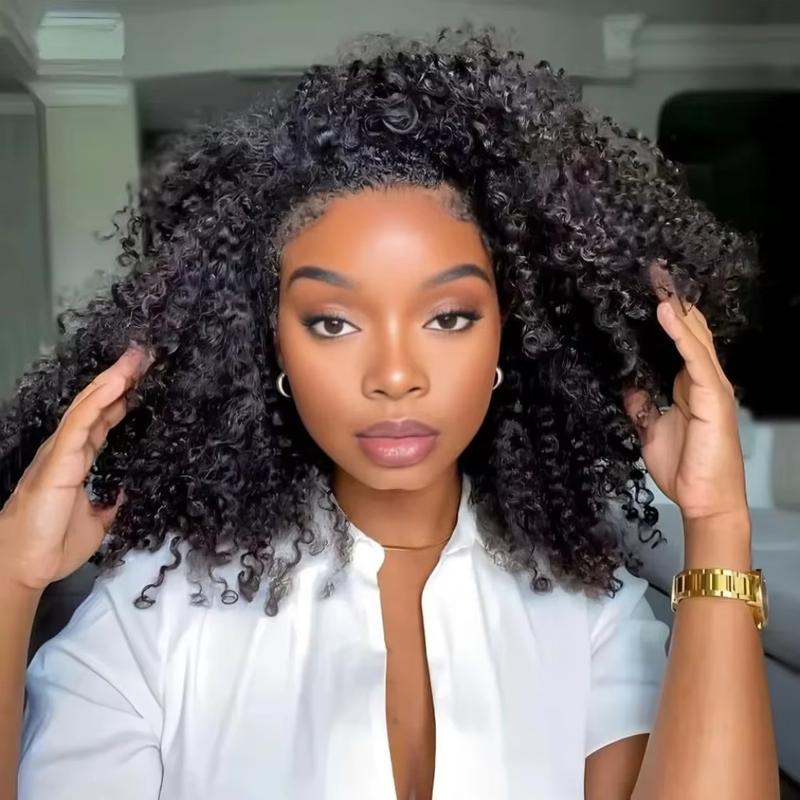 3 IN 1 Half Wig Human Hair Curly 220% Density Glueless Kinky Curly Wigs with Headband Upgrade Seamless Clip Ins Flip Over Design