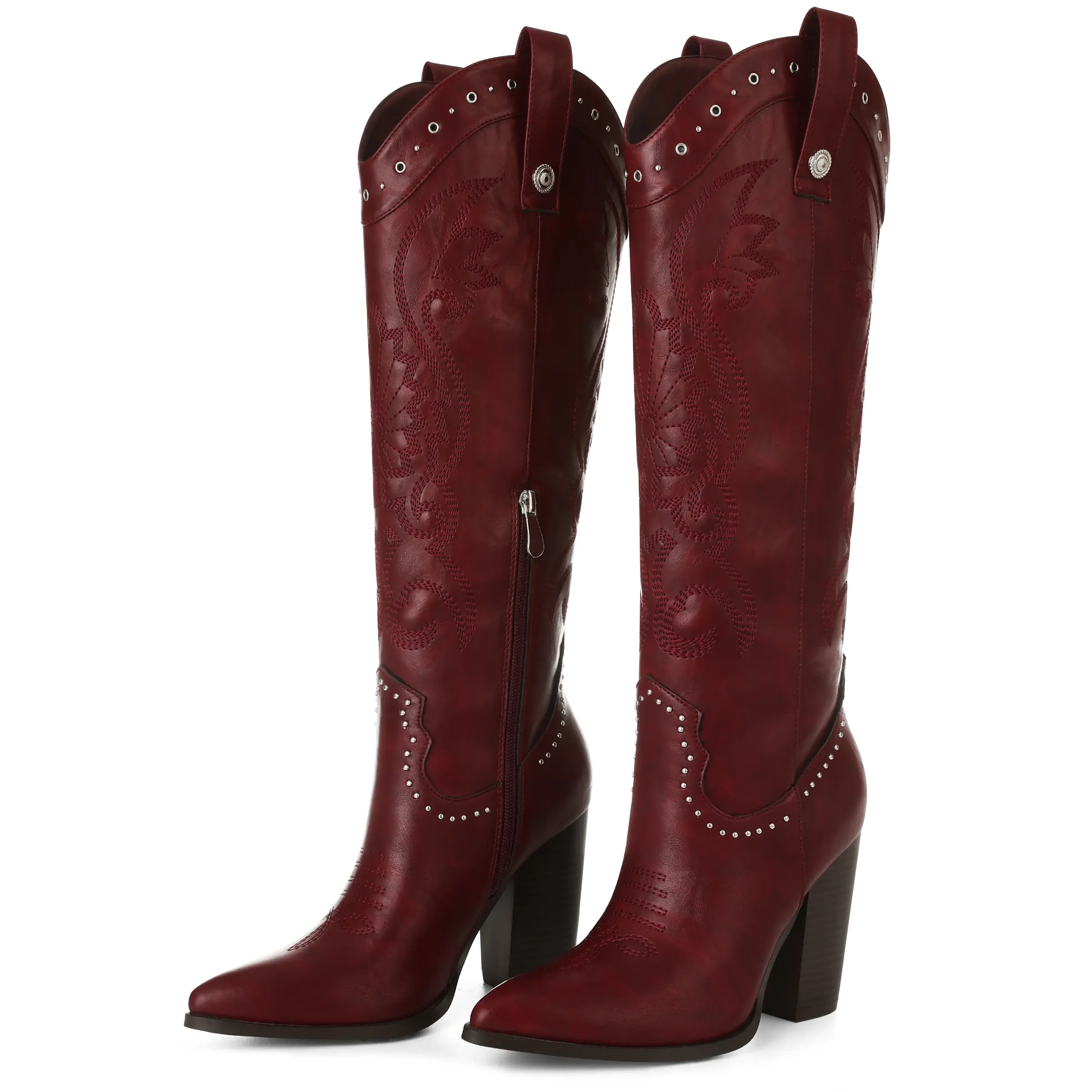 Women's Mid Calf Cowboy Boots Classic Studded Cowgirl Boots with Pointed Toe Chunky Heel Pull On Design Fashion Western Booties for Dress Wedding summerwins,summerwins,shoes for back to school,back to school shoes