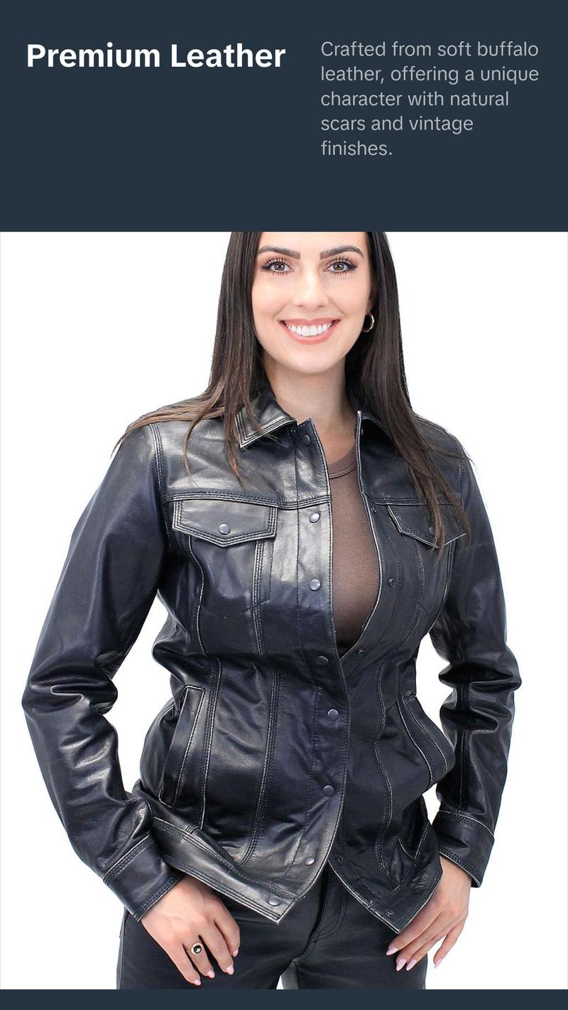 JAMIN LEATHER® Vintage Black Women's Long Leather Jean Jacket #LA2010LZK - Premium Soft Buffalo Leather, Dual Concealed Pockets, Snap Front, Minimalist Design, Available in Sizes S-5X