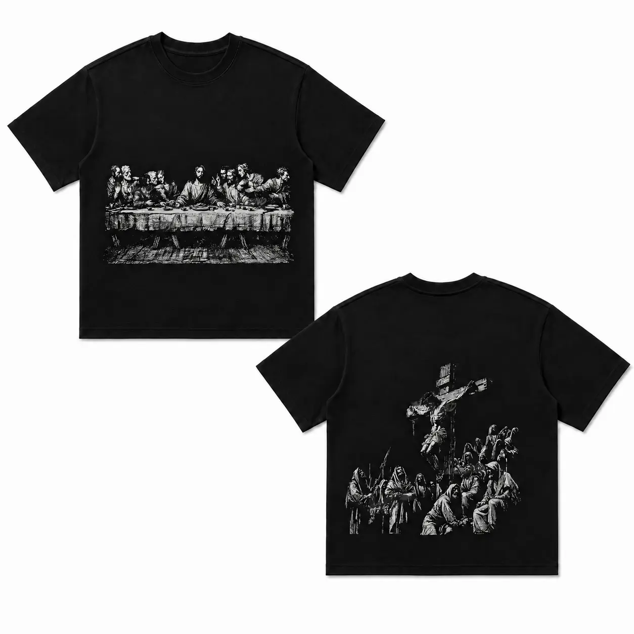 Men's Heavyweight Cotton Casual Fashion Menswear Round Neck Short-Sleeve Oversized Cropped Streetwear T-Shirt with Gothic Art Jesus Print, Shortsleeve