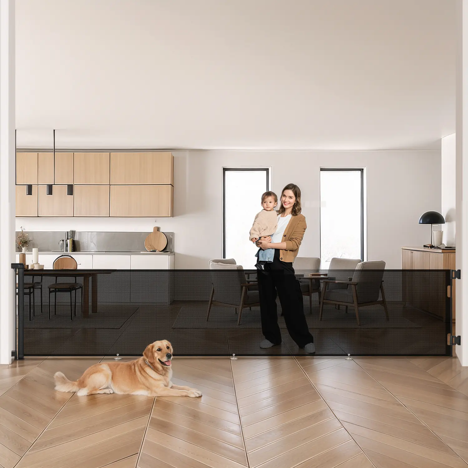 BIOBY 118" Retractable Baby Safety Gates Extra Wide, Extra Long Pet Dog Gates, Retractable Dog Gate for Large Openings, Extra Long Dog Gates for The House, Extra Large Mesh Pet Gate for Stairs, Doorways, Hallways, Indoor&Outdoor, Black, Mother's Day, DFYD