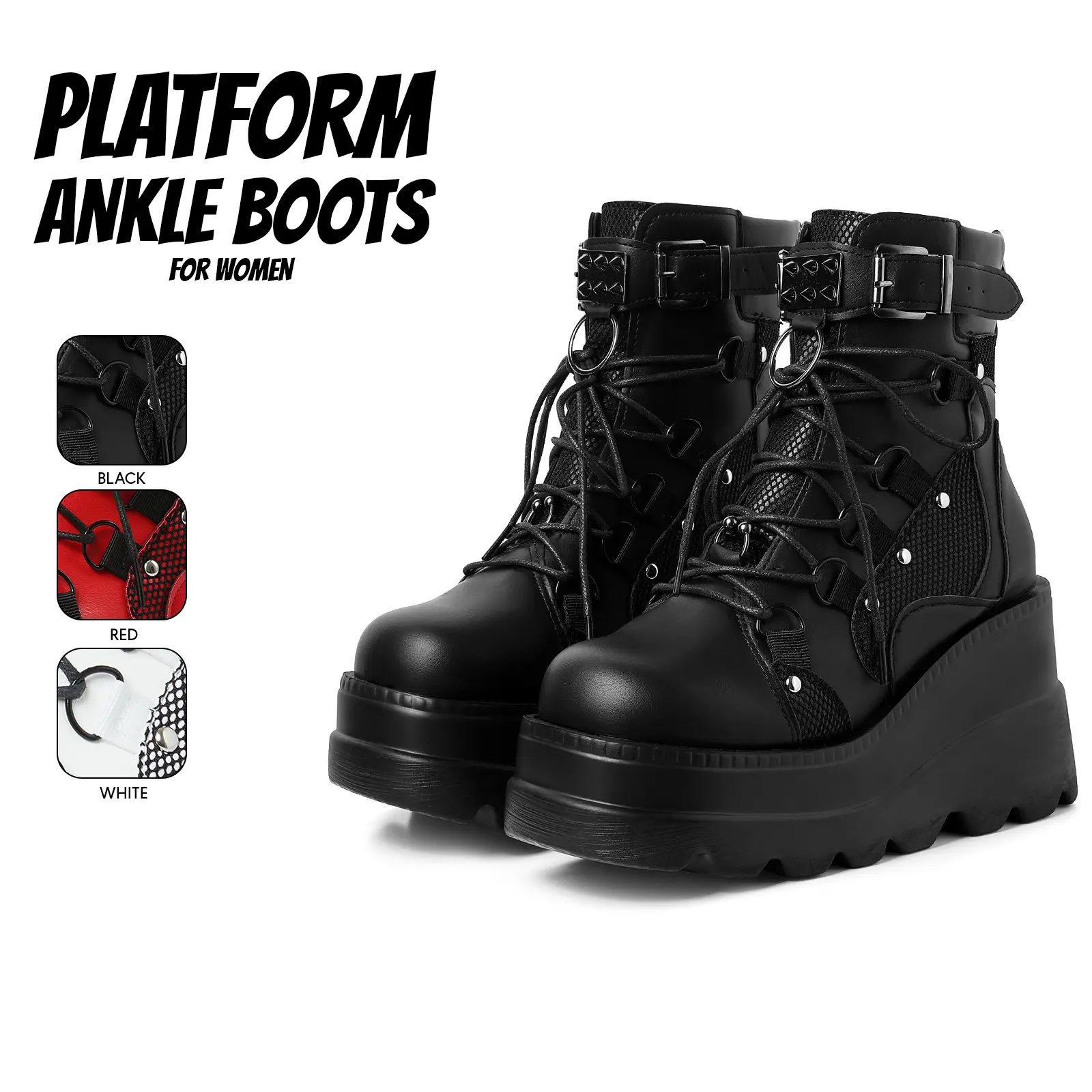 Ankle Boots For Women Platform Boot Round Toe Chunky Wedge High Heel Lace Up Easy Pull on Zipper Closure Goth Combat Punk Party Cosplay Motorcycle Riding Y2K Boots