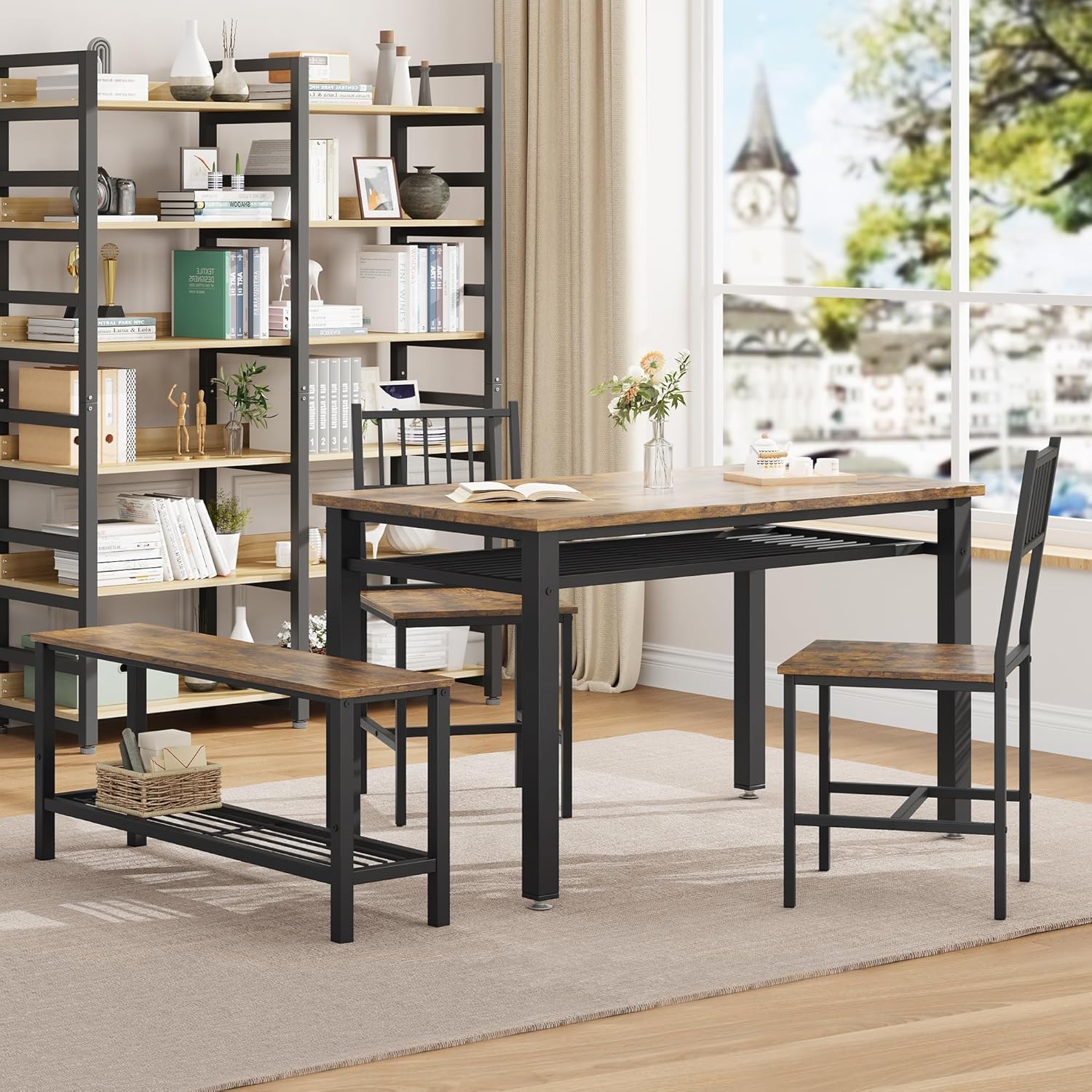 Farmhouse Kitchen Table Chairs Set for 4, 47" Modern Dining Table with Bench & Chairs, Storage Shelf, Metal Frame, Space-Saving for Dining Room Kitchen Apartment