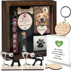 8.6'' Pet Memorial Shadow Box, Rustic Collar Holder Picture Frame, Paw Print Kit, Dog Wooden Sculpture, Pet Hair Fur Jar, Cat Memorial Keychain, Dogs Sympathy Card, Gift for Pet Lovers