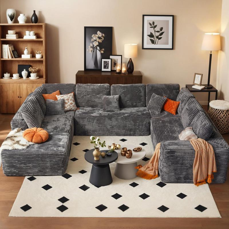 Boneless Cloud Sectional Sofa Couches,Modular Sectional Sofa No Assembly, Plush Corduroy Large U Shaped Floor Couch Set with Deep Seat Ottoman for Living Room