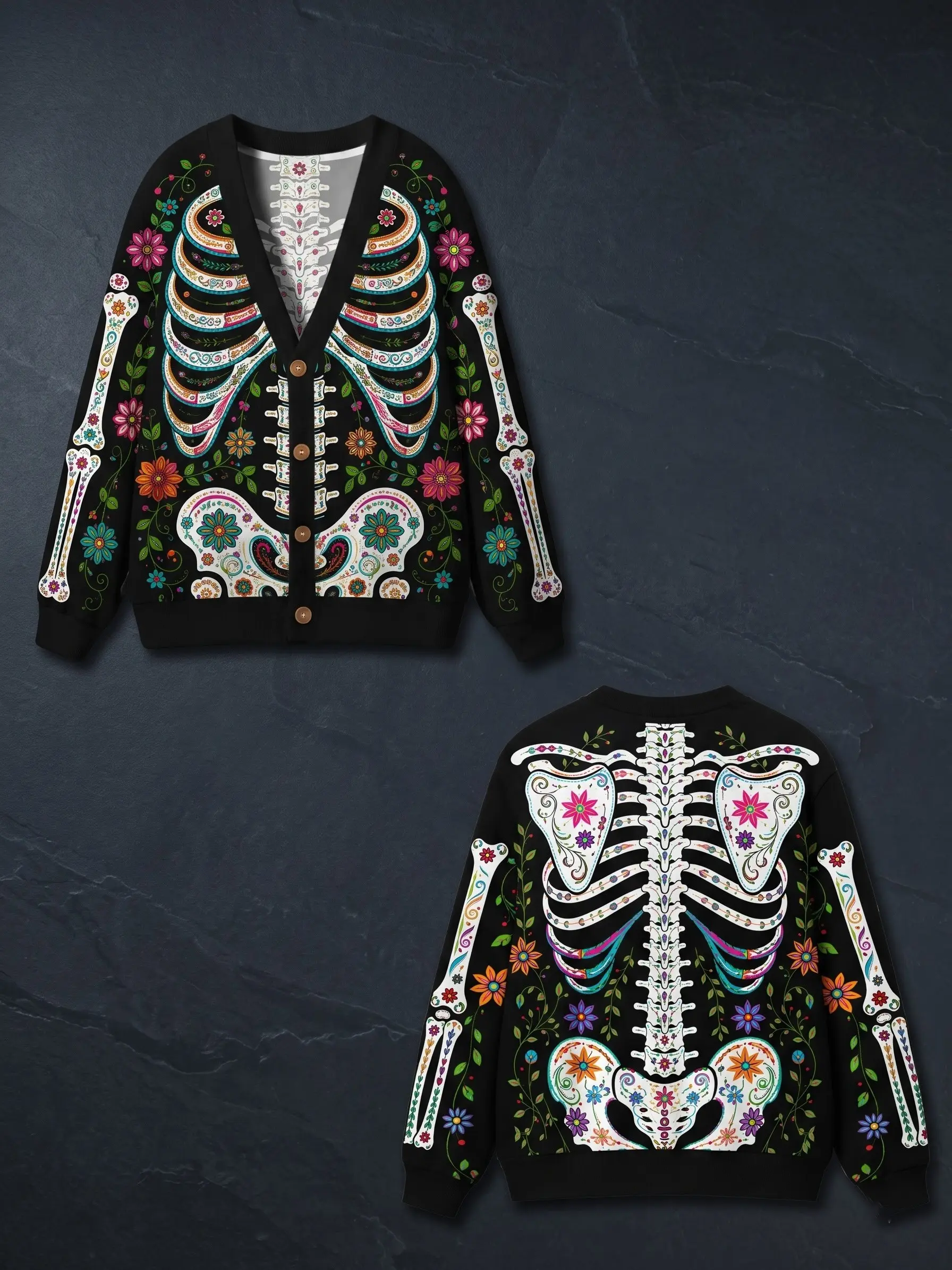 Día de los Muertos Sugar Skull Skeleton Cardigan, Day of the Dead Floral Button Up Sweater, Gothic Black Halloween Alternative Streetwear