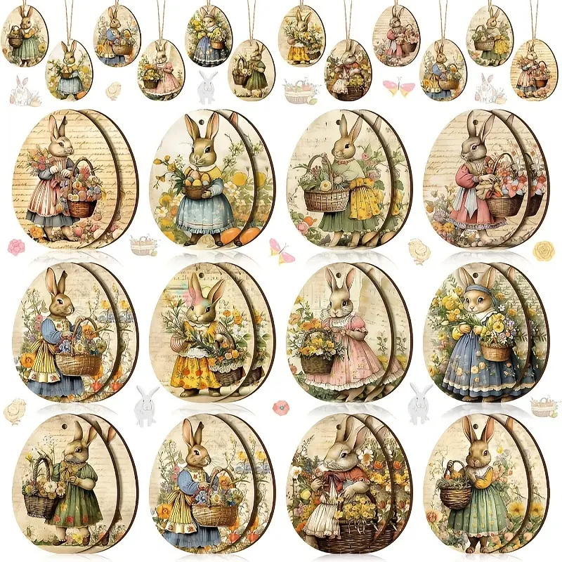 Vinatge Easter Egg Hanging Ornaments Vintage Rustic Decorations Hemp Ropes for Easter Tree Home Decor Classroom Party Supplies
