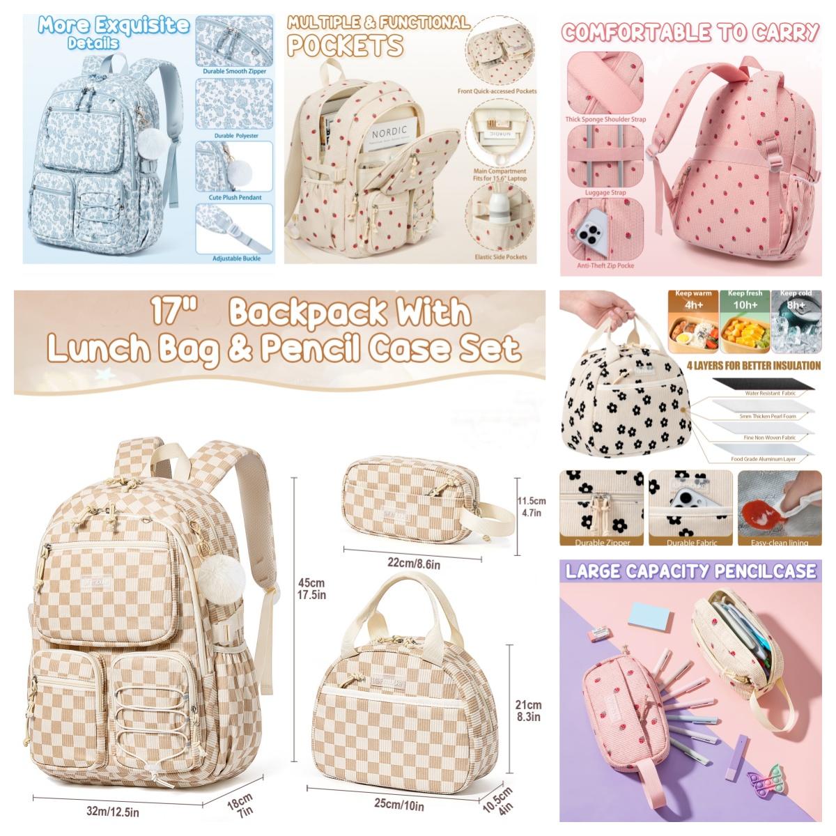 Fimibuke 3PCS Waterproof Oxford Cloth Backpack for School,Bookbag Set with Lunch Box & Pencil Case,colorful/Laptop/Corduroy/Embroidery school bag for Elementary Middle High School,Backpag with Stationery,Back to School Gift,Birthday's Gift