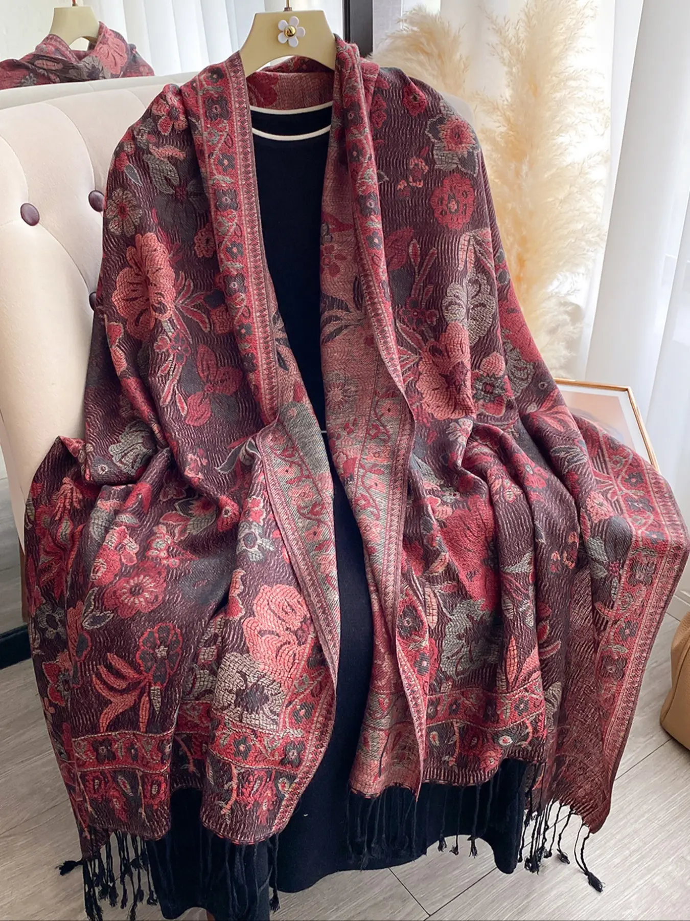 Elegant Boho Style Pashmina Scarf, Long Fringe Print Shawl, All-Season Woven Fabric, Beautiful Paisley Pattern Design, Fashion Shawl