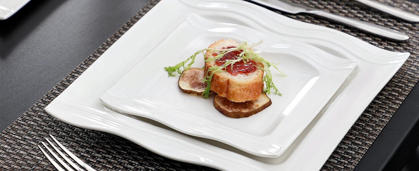 MALACASA 28/30 Pieces Ivory White Dinnerware Sets,  Porcelain Square Plates and Bowls Sets for 6, Ceramic Dishware Set, Series Mario modern design Winter Holiday