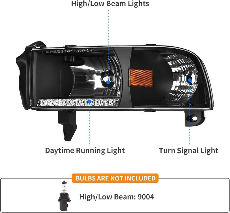 YITAMOTOR LED DRL Headlight Assembly Compatible with 1994-2001 Dodge Ram 1500/94-02 Dodge Ram 2500 3500 Replacement Headlamp Black Housing