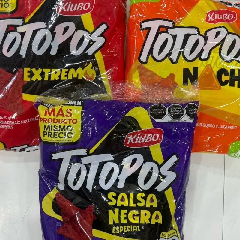 Kiubo Totopos ! Authentic Mexican flavor . 3 Delicious flavors. Extremo, Nacho, and Salsa Negra. Large bag with 10 pieces. Ten bags of 40 grams each.