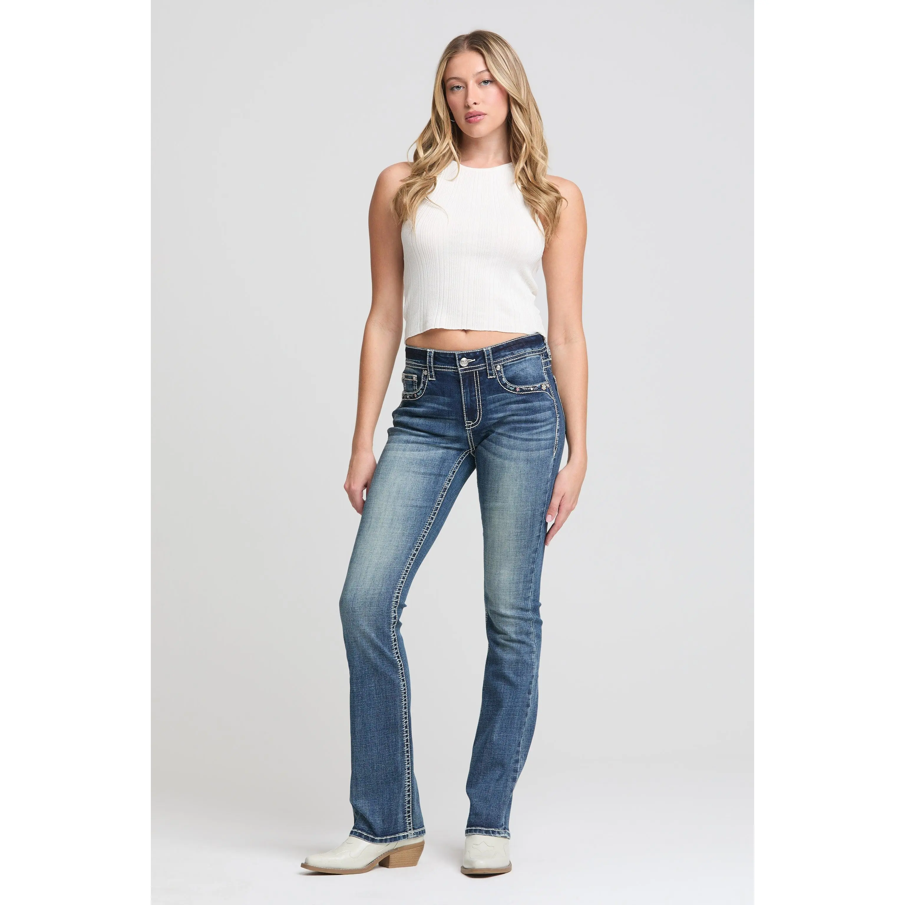 Paisley Border Embroidered Bootcut Jeans for Women - Medium Blue Wash Mid Rise Western Denim