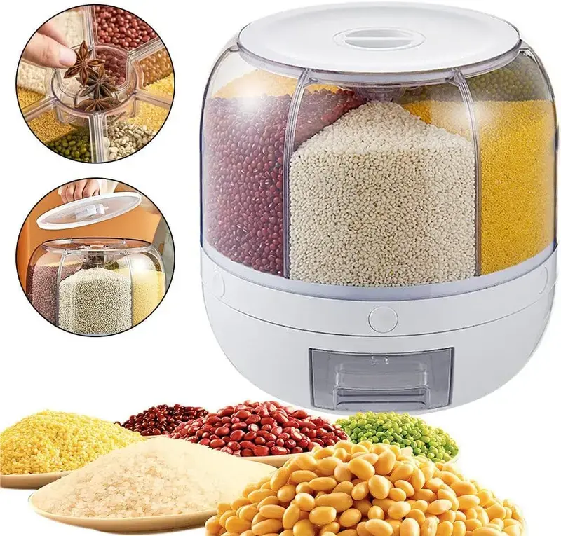 6-Grid Circular Rotatable Rice Dispenser, 360° Rotating Grain Storage Container with 1-Click Output, 10.6*10.6 Inches Kitchen Preserving Container for Small Grains and Beans