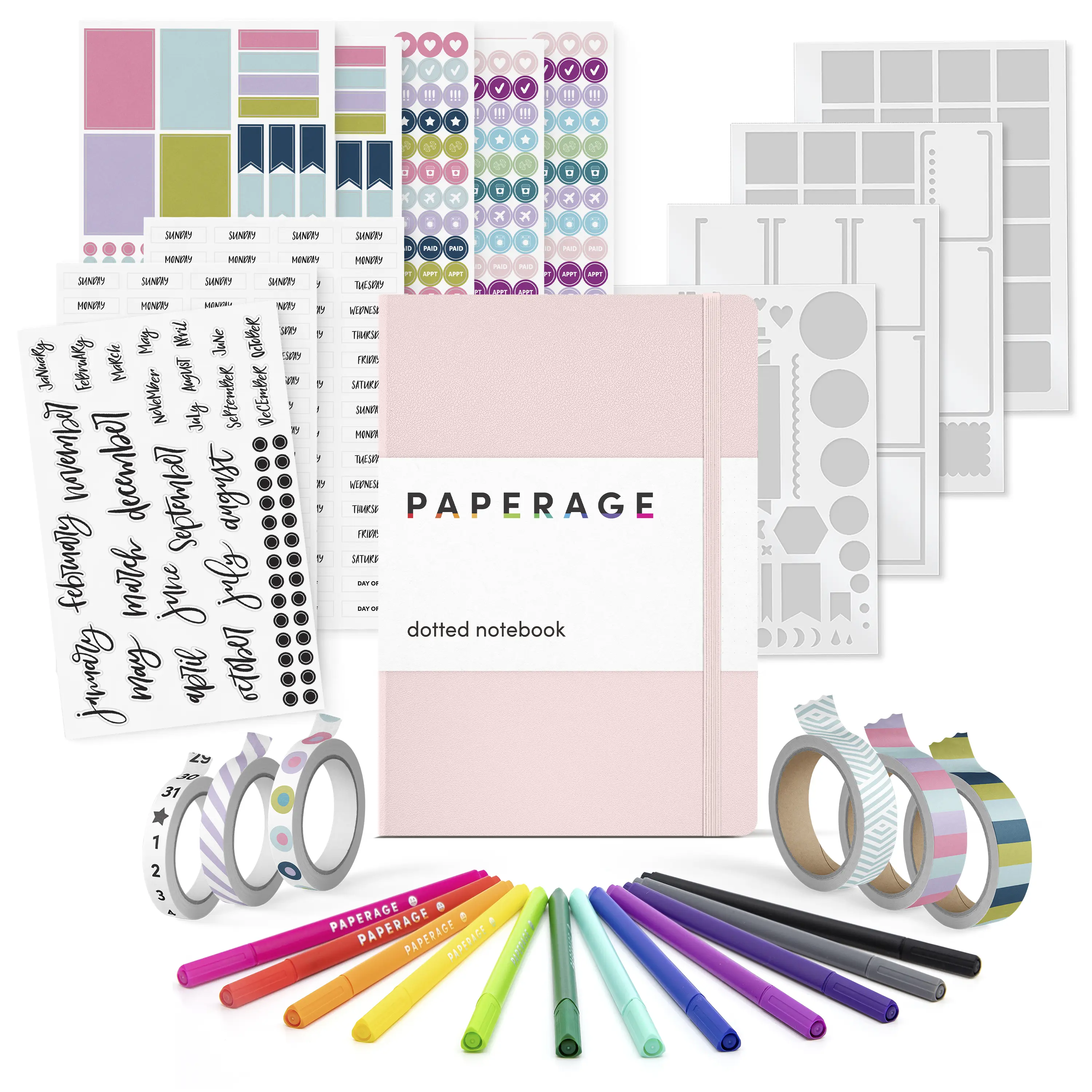 PAPERAGE Journaling & Scrapbooking Kit, Office Stationery Supplies Including Dotted-Page Notebook, Fineliner Pens, Sticker Sets, Stencil Sheets, Washi Tapes, Notebooks