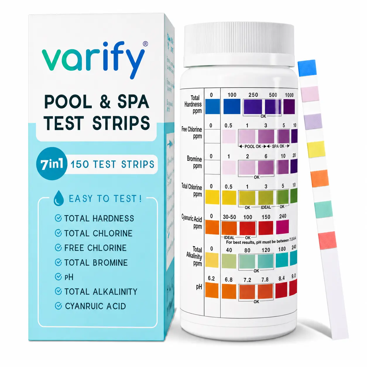 VARIFY 7-in-1 Pool & Spa Test Strips - Pool Maintenance Kit with 7 Key Checks in 1 Kit, 30s Color Read, Double Seal, Freshseal Helps Preserve Accuracy, Tests pH, Alk, Water Hardness, Chlorine, Bromine, Cyanuric Acid (150 Strips), 7 Key Checks In One Kit