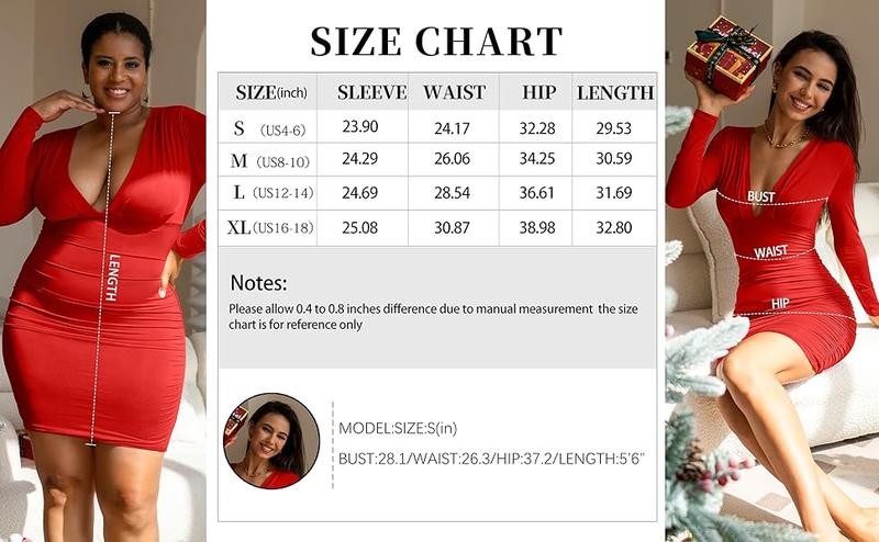 OYV Women's Sexy Army Green V-Neck Long Sleeve Ruched Bodycon Mini Dress for Party & Casual Wear