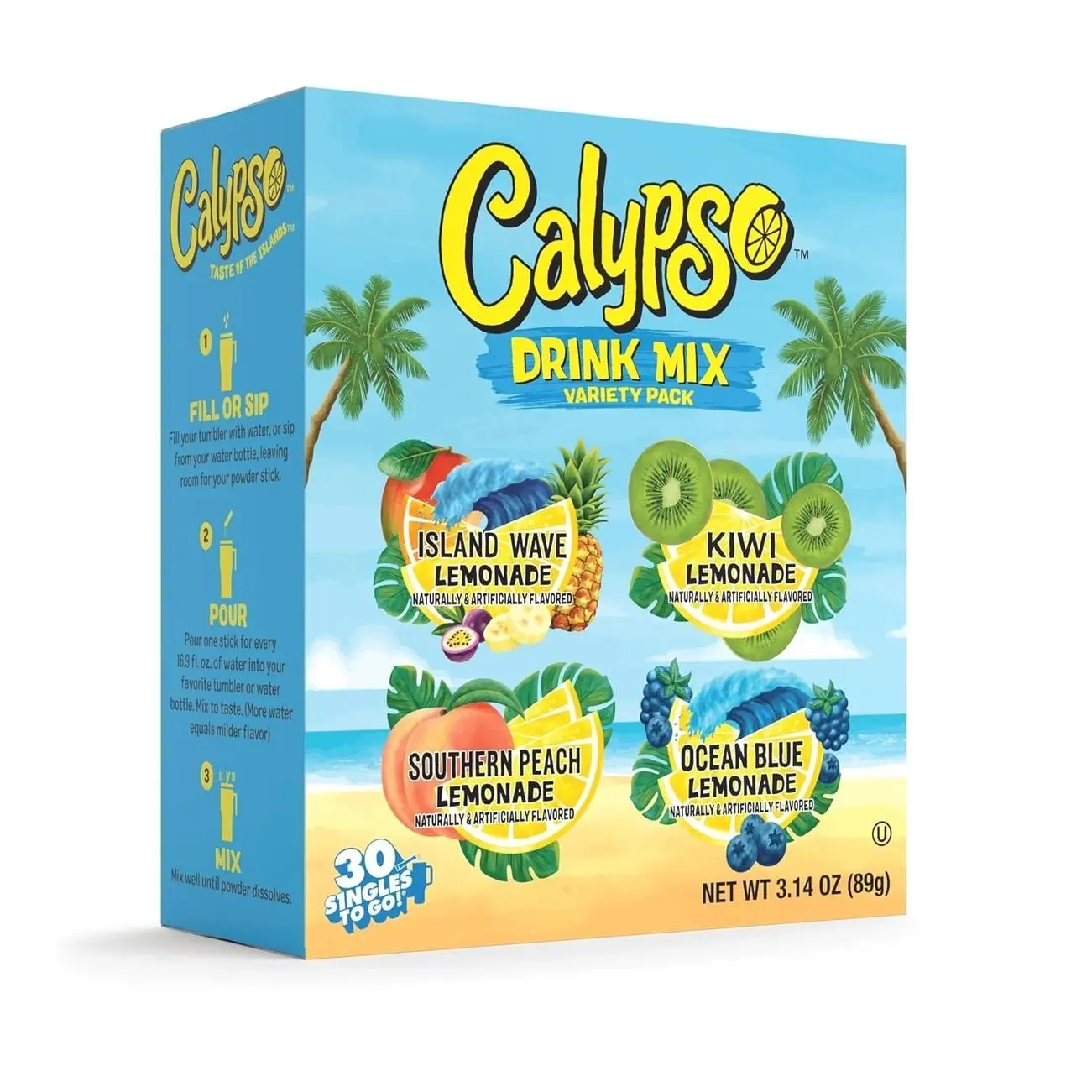 Calypso Powdered Drink Mix, Lemonade Variety Pack, 30 Count | On-the-go, Low Calorie Water Enhancer, Island Wave, Kiwi, Southern Peach, Ocean Blue, Lemonade Powder, Flavored Water Packets
