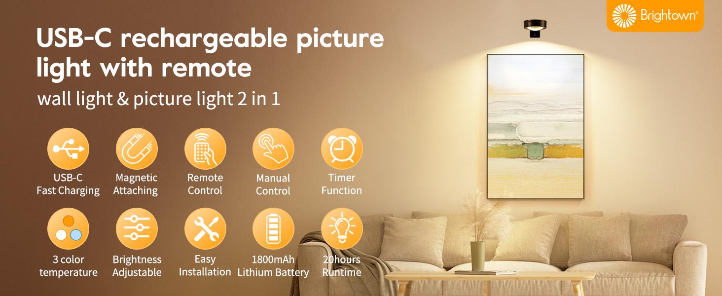 Brightown 2-Pack Picture Lights for Wall,Rechargeable Battery Operated Painting Light Magnetic Art Display Light with Remote, Puck Lights, Dimmable & Timer Art Lighting for Paintings Wireless,Black