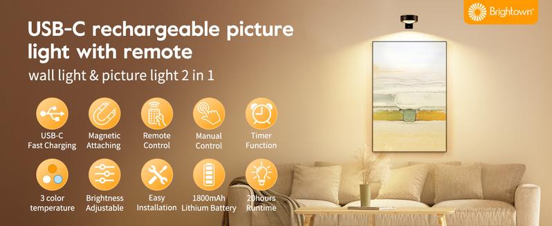 Brightown 2-Pack Picture Lights for Wall,Rechargeable Battery Operated Painting Light Magnetic Art Display Light with Remote, Puck Lights, Dimmable & Timer Art Lighting for Paintings Wireless,Black