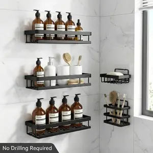 Veda Rustproof Adhesive Shower Organizer 5-Piece Set, No-Drill Bathroom Storage Shelves with Built-in Soap & Toothbrush Caddy (Black/Pink)