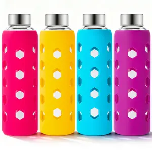 Mrsdry Glass Juice Bottles with Lids and Silicone Sleeves 18 oz, 4-Pack Reusable Clear Glass Water Bottles with Stainless Steel Airtight Cap for Juicing, Refrigerator, BPA Free Leak-Proof Drinking Jar