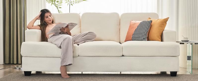 AMERLIFE Sofa, 89" Comfy Sofa Couch with Extra Deep Seats, Modern Sofa- 3 Seater Sofa, Offwhite Bouclé/Christmas Gift