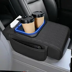 Car Armrest Cushion - Cup Holder Tissue Cover Box | with Side Pocket,Ambient Light,USB Port Heightening Mat Armrest Pads for Central,Vehicle Interior Universal For Nissan/Honda/Accord/Civic/CRV/Hrv/Kia/Sorento/Toyota/Corolla/4Runner/Camry/Hyundai/Mazda