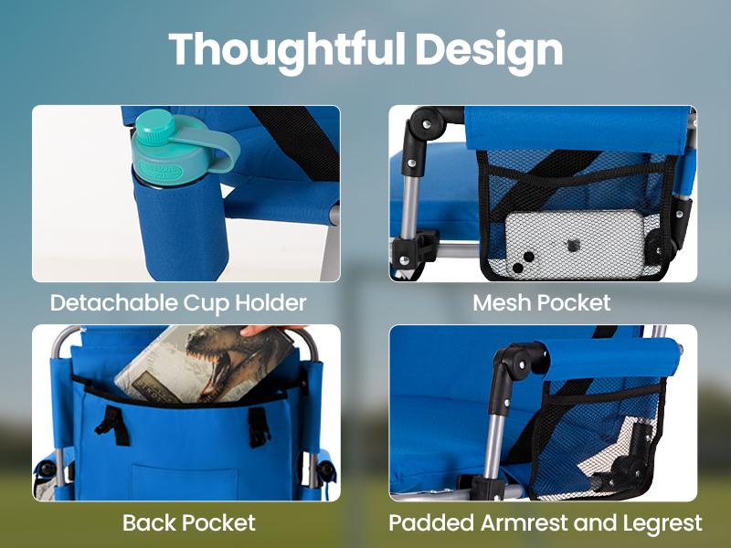 PHI VILLA Blue Folding Stadium Seat Bleacher Chair with Cup Holder, Mesh Bag and Hide Hooks, Portable Stadium Chair with Back and Cushion