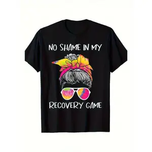 No Shame In My Recovery Game Sobriety AA NA Anniversary T-Shirt - Black Retro Y2K Street Style Tee with Tropical Graphic Design, 100% Cotton Regular Fit Unisex Top for Casual Wear, Outdoor Activities  Tshirt
