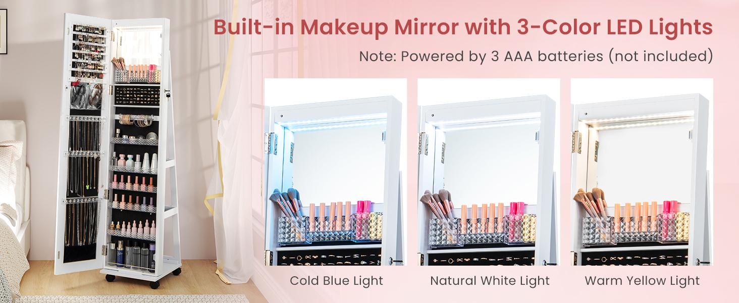 COSTWAY Jewelry Cabinet with Wheels, 64" H Full Length Mirror, 3-Color LED Lights, Height Adjustable Shelves, Lockable Standing Jewelry Organizer Armoire with Back Storage Shelves -costst COSTWAY Jewelry Cabinet with Wheels, 64" H Full Length Mirror, 3-Color LED Lights, Height Adjustable Shelves, Lockable Standing Jewelry Organizer Armoire with Back Storage Shelves -costst