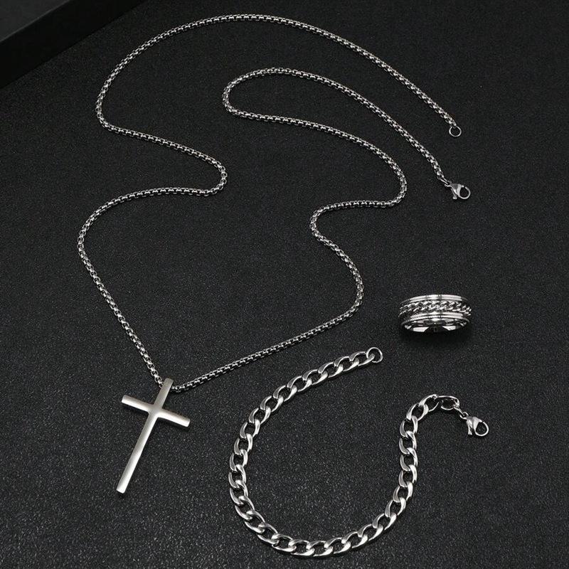 Men's Stainless Steel Cross Pendant Necklace Bracelet & Ring Set Elegant Fashionable Jewelry Gift for Holidays Durable Cohesive Ensemble
