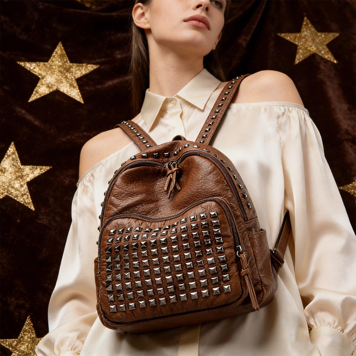 Multifunctional Handheld Backpack Solid Color Rivet Punk Backpack for Vacation Travel Soft Leather Cool Silver Studs Black Studded Design Water Resistant Laptop