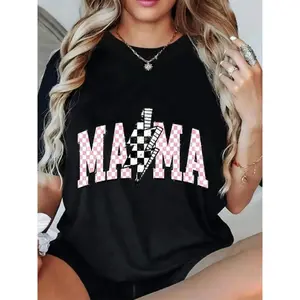 Women's T-Shirt Mama Checkered Flag Pink Lettering 100% Cotton Short Sleeve Crew Neck Casual Tee Mother's Day Gift