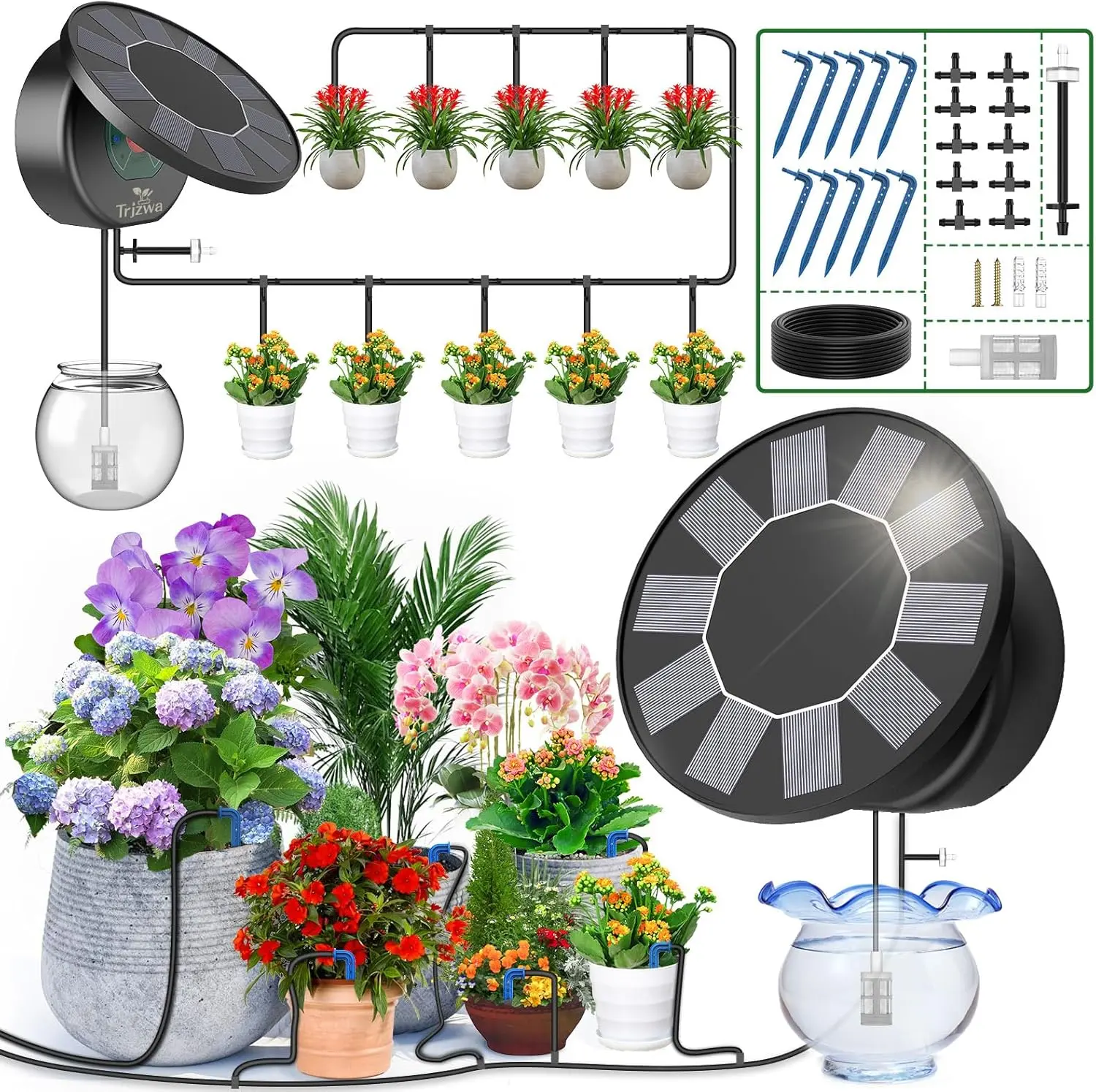 Solar Drip Irrigation System Kit - Automatic Irrigation Equipment with Timer Control, Solar Panels, Adjustable Watering, Watering Attachment, 10 Drip Heads, 1 Anti-Siphon Safety Device, 10 Tee Connectors for Outdoor Garden Beds, Greenhouses