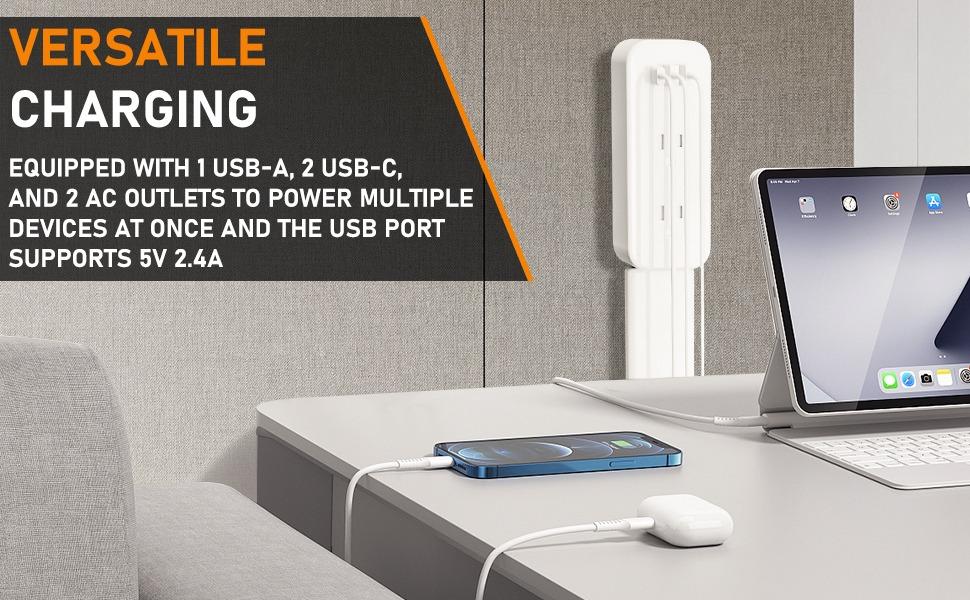 EAZY Outlet Extender with USB-C, USB-A & 2 AC Outlets, 180° Rotating Power Socket Expander, Extendable 18"-28" Wall Plug Adapter for Hard-to-Reach Outlets Behind Couches, Beds, Nightstands & Desks