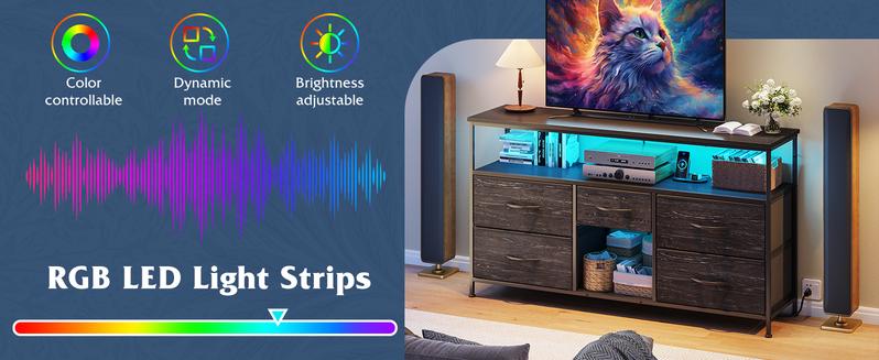 【Jumpstar Sale】 Raybee Furniture Small Space Drawer Dresser for Bedroom, TV Stand 50" TV with Charging Station & LED, Living Room Dresser with 5 Drawers, Entertainment Center, Fabric Dresser Storage Bin Organizer for Bedroom Furniture