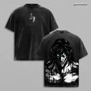 Retro Heavy Eren Yeager x Attack On Titan Ver 2 Anime Double Printed Men's Vintage Tee Washed Unisex Oversize Anime Manga Washed Heavyweight Cotton T-shirt, Anime Gift For Him