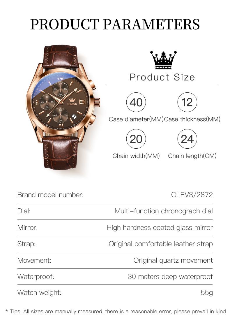 【Valentines Gift Ideas For Boys】OLEVS Watch for Men Leather Casual Chronograph Analog Dress Strap Waterproof Luminous Fashion Easy to Read Gold Case Mans Watches
