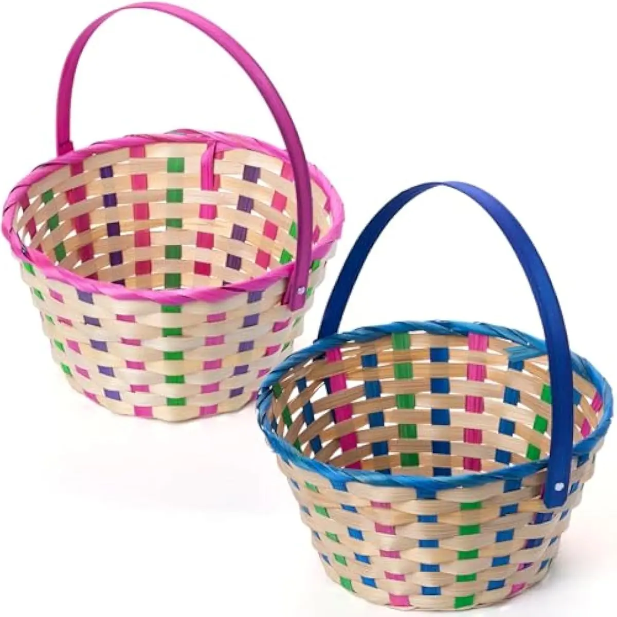 2 Pcs Easter Bamboo Plaid Basket, Blue Pink Round Woven Goodie Empty Gift Basket with Folding Handle, Candy Toys Storage Bucket for Easter Egg Hunt, Kids Party Treats Picnic & Favor(11" x9.5")