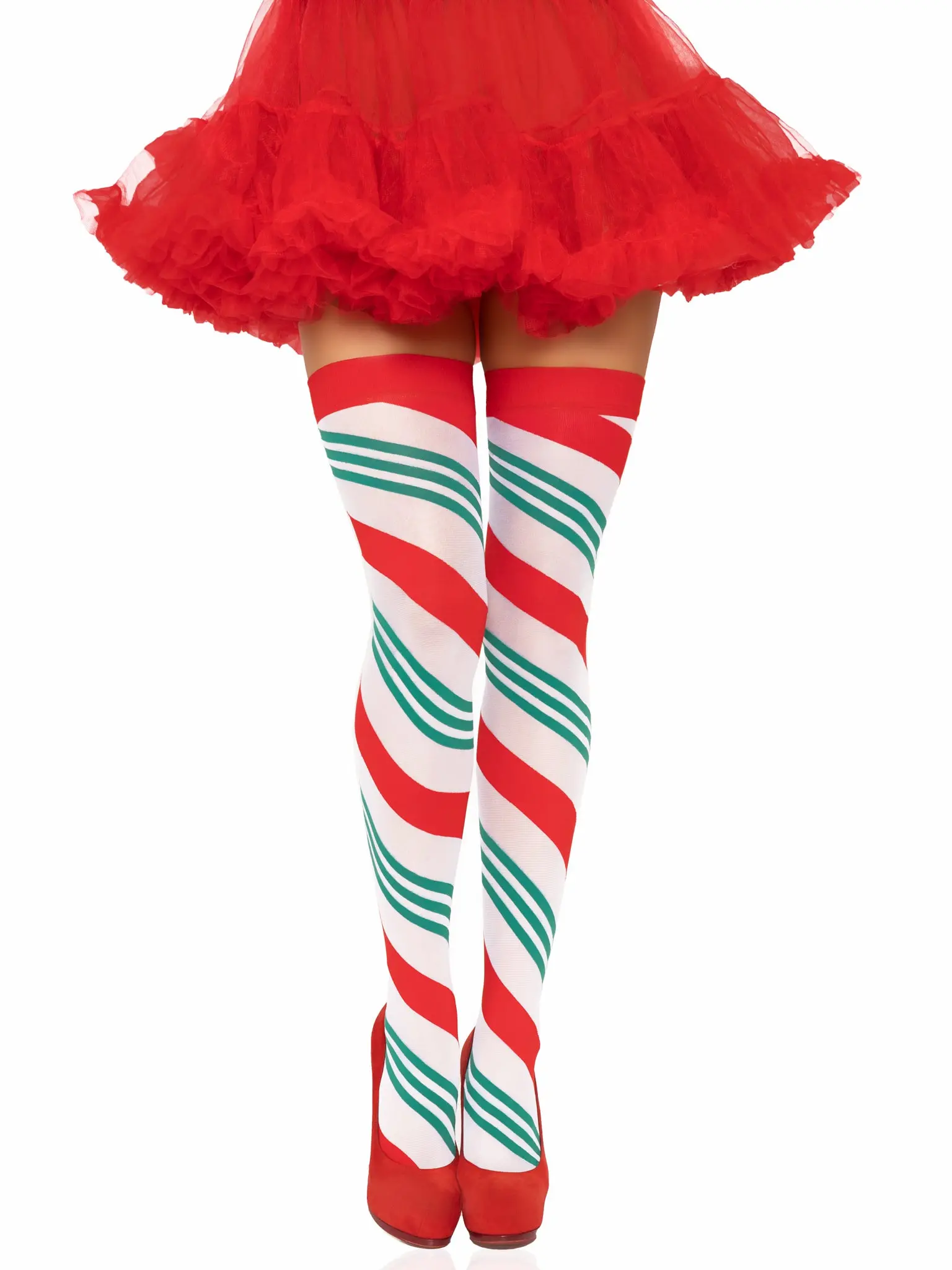 Women's Fashion Thigh High Socks - Jolly Holiday Striped, Sexy Breathable Ultra-Soft Weave Full-Length High Stretch Hosiery for Christmas Outfits, Flirty Invisible Look, Hand Wash Only, Drip Dry, Do Not Bleach