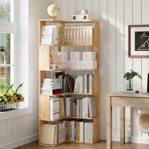 63" Solid Wood Corner Bookshelf, 5-Tier L-Shaped Tall Narrow Bookcase for Small Spaces, Real Pine Wood Display Shelf with Anti-Tip Safety Kit