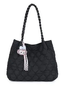 TikTokShop Spring Glow Up Women's Solid Color Puffy Pleated Design Shoulder Bag with Bear Charm, Fashionable Large Capacity Tote Bag for Daily Use, Casual Commuter Bag, Casual Trendy Versatile High-Quality Daily Commuting Bag