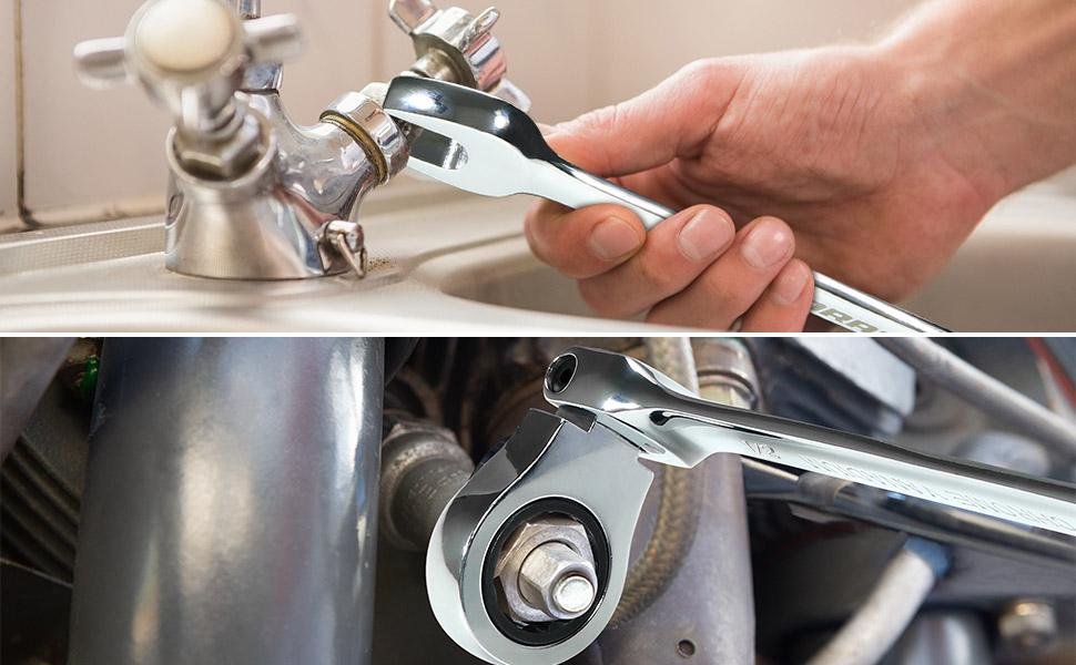 Ratcheting Wrench Set Flex Head, 12 Piece Metric Combination Ratchet Wrench kit, 8mm - 19mm Chrome Vanadium Steel Wrenches,Gift