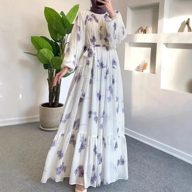 Bohemian Watercolor Chiffon Maxi Dress for Women | Tiered Gown with Round Neck, Belted Waist, and Casual Loose Fit for Bohemian Charm, Dresses For Women, Stylish Women's Wear
