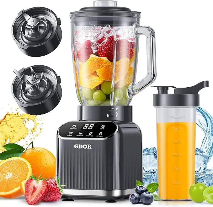 GDOR Professional Blender for Kitchen, 1200 Peak Watts Smoothie Blender, 5 Functions for Ice Crushing & Frozen Fruit, 52 Oz Glass Jar & 24 Oz To-Go Cup Combo, Self-Cleaning, Gray,home essentials tiktokshopbacktoschool