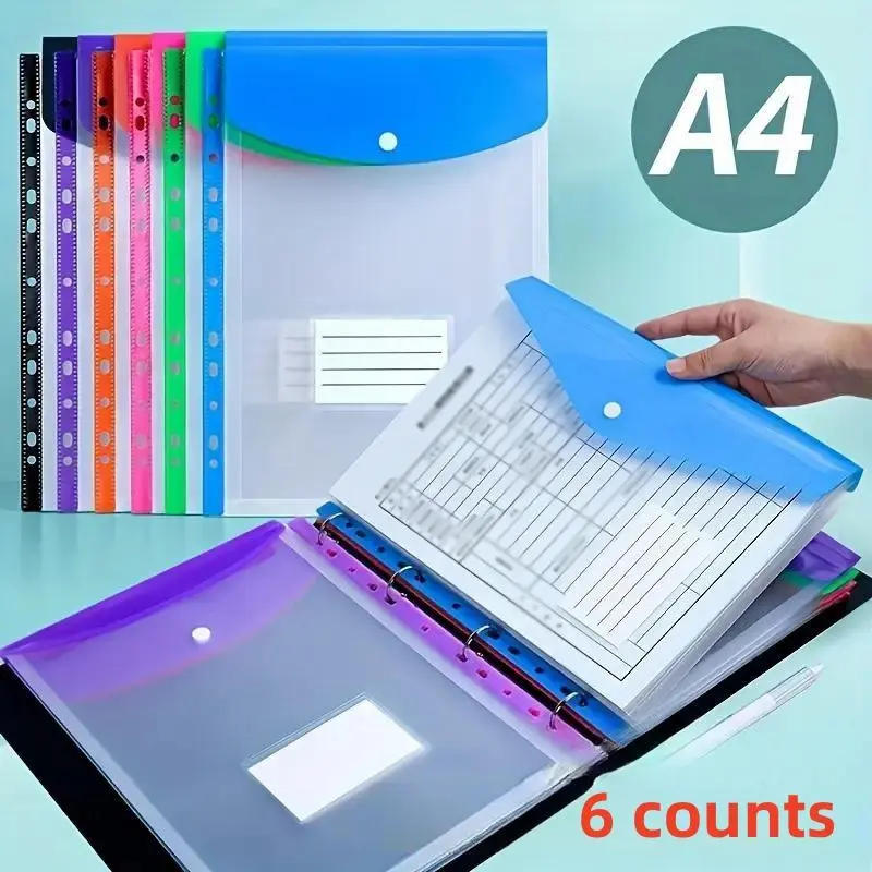 A4 Clear File Folder, 6-Count High-Capacity File Bag Set with 11-Hole Binding Ring, Portable Files Organizer File Storage Organizer, Office Supplies for School, Home and Office, Clear Folders