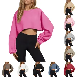 Womens Long Ballon Sleeve Sweatshirts Tops Cropped Crew Neck Loose Fit Casual Workout Shirts LAICIGO