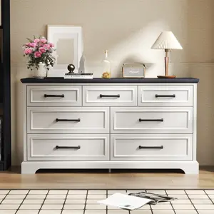LINGMU 52" Farmhouse 7-Drawer Dresser, Widen Metal Matte Handles, Chest of Drawers for Bedroom, Living Room, Study